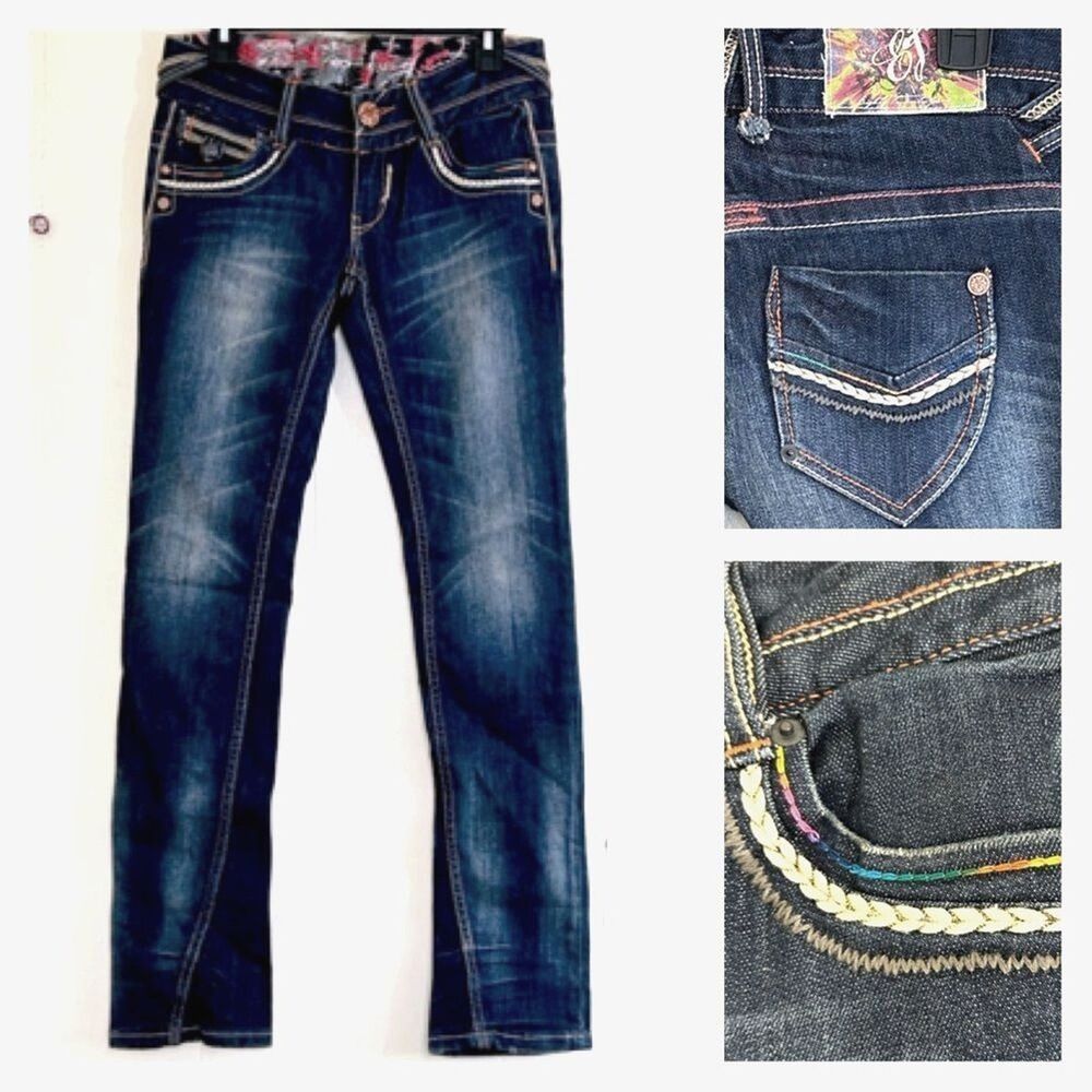 THE EIGHTY TWENTY 8020 Y2K Jeans Size 27 Embroidered Low Rise Skinny Jeans